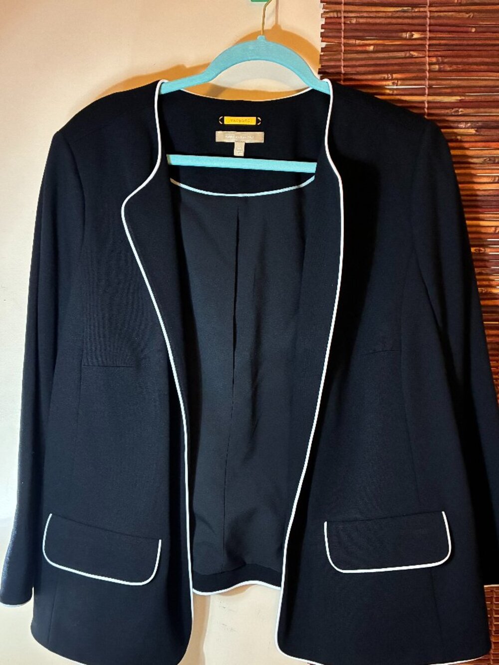 Talbots Black Italian Luxe Knit Open Front Blazer White Piping Trim 18W EUC